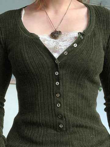 Langärmliges Stricktop mit Spitzeneinsatz und Knöpfen