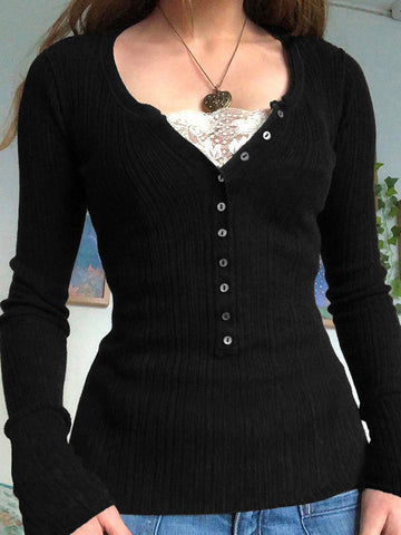 Lace Paneled Button Long Sleeve Knit Top