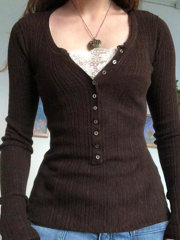 Lace Paneled Button Long Sleeve Knit Top