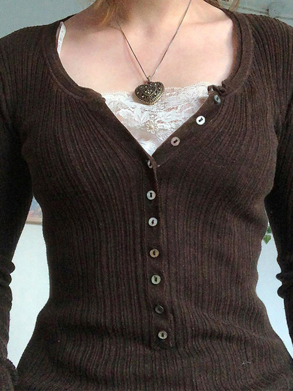 Lace Paneled Button Long Sleeve Knit Top
