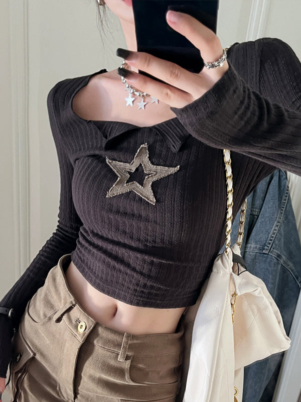 Langärmliges Crop-Top aus Strick mit Stern-Patch