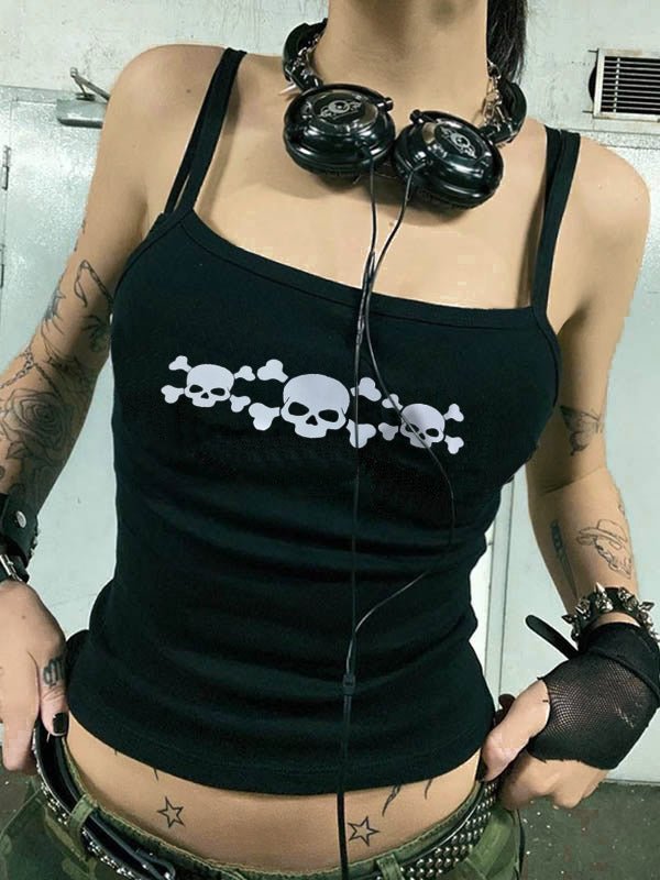 Skull Print Cropped Black Cami Top