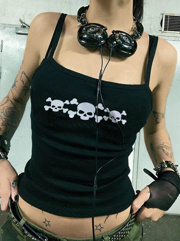 Skull Print Cropped Black Cami Top
