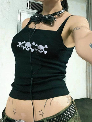 Skull Print Cropped Black Cami Top