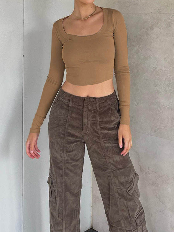 Solid Color Long Sleeve Knit Crop Top