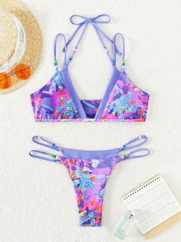 Conjunto de bikini con tiras y estampado floral de patchwork