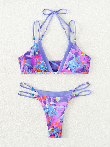 Conjunto de bikini con tiras y estampado floral de patchwork