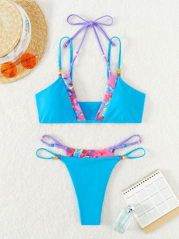 Conjunto de bikini con tiras y estampado floral de patchwork