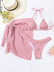 Hollow Out Striped Three Piece Swimsuit