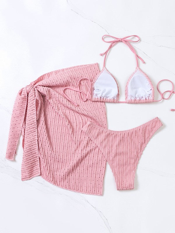 Hollow Out Striped Three Piece Swimsuit