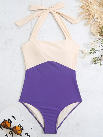 Color Block Halter One Piece Swimsuit