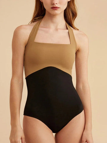 Color Block Halter One Piece Swimsuit