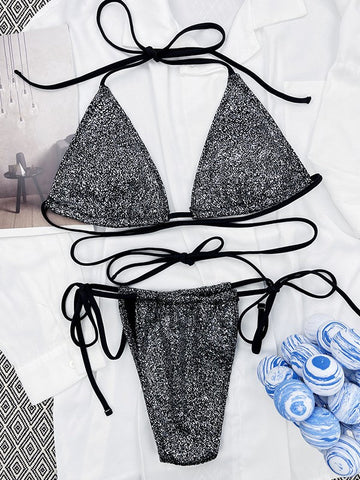 Metallic-Schwarzes Bikini-Set mit Schnürung