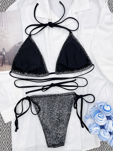 Metallic Black Lace Up Bikini Set