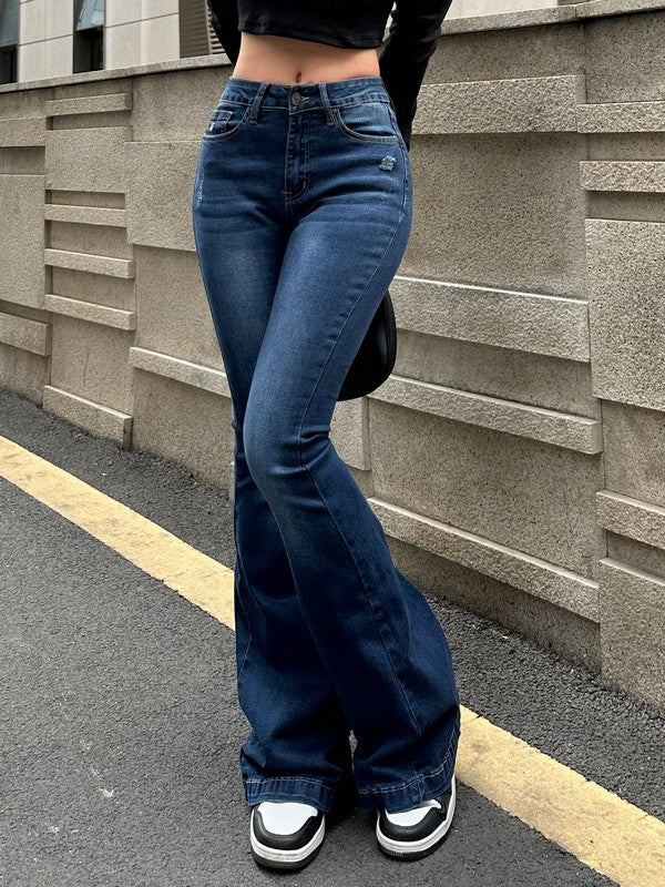Blue Wash Distressed Stretch Flare Jeans