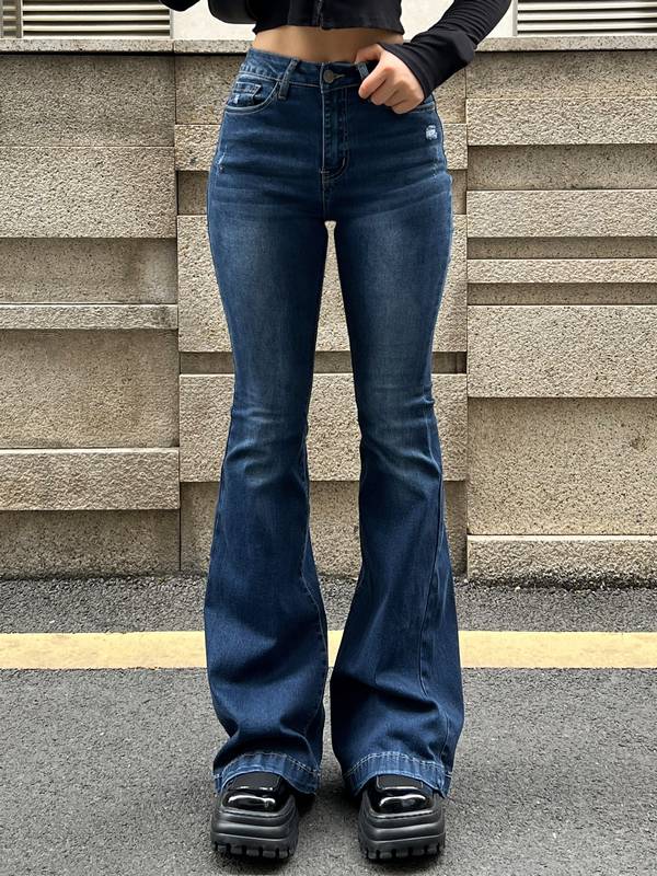 Blue Wash Distressed Stretch Flare Jeans