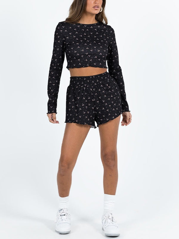 Floral Long Sleeve Crop Top & Shorts Set