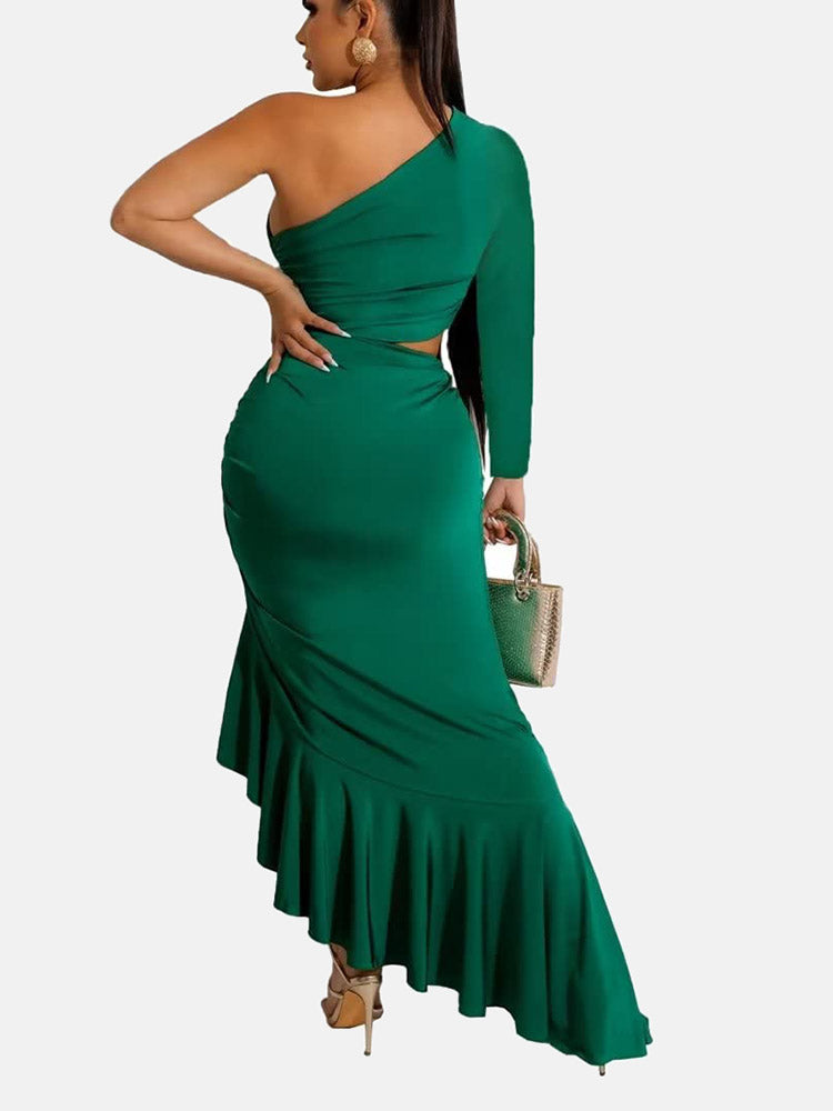 One Shoulder Cutout Ruffle Hem Dress