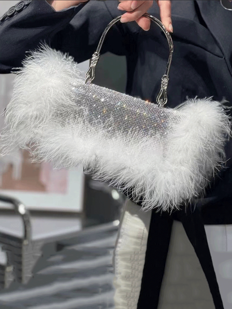 Furry Rhinestone Evening Clutch Bag