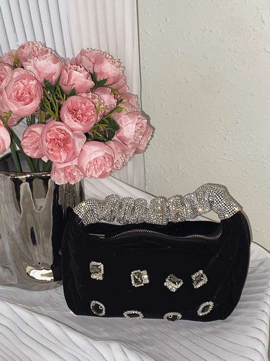 Velvet Pearls Rhinestone Tassels Handbag