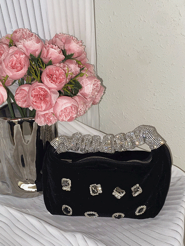 Bolso de mano de terciopelo con borlas de diamantes de imitación y perlas