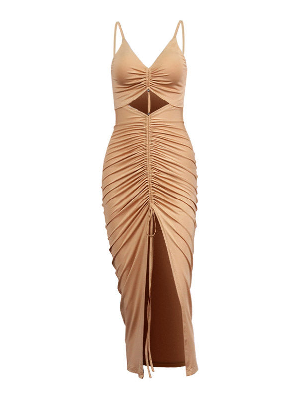 Long sleeve ruched off shoulder see through slit midi dress