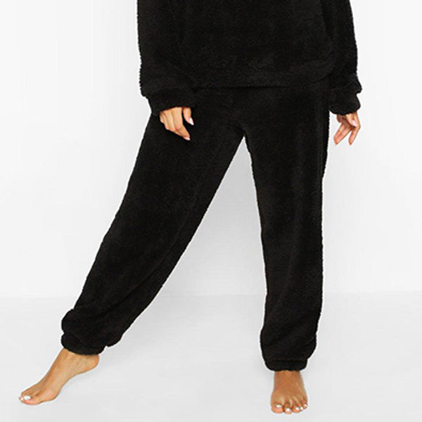 Soild Plush Pocket Hooded With Pants Lounge Set