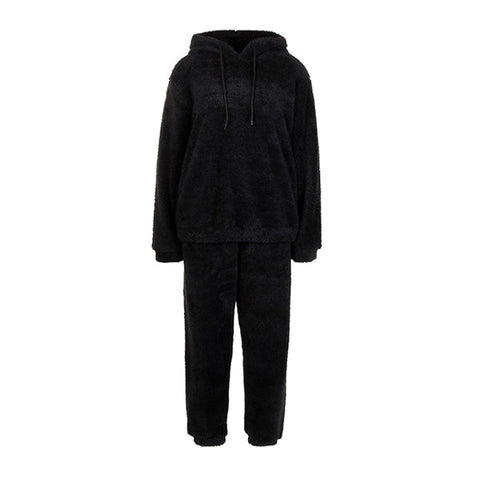 Soild Plush Pocket Hooded With Pants Lounge Set