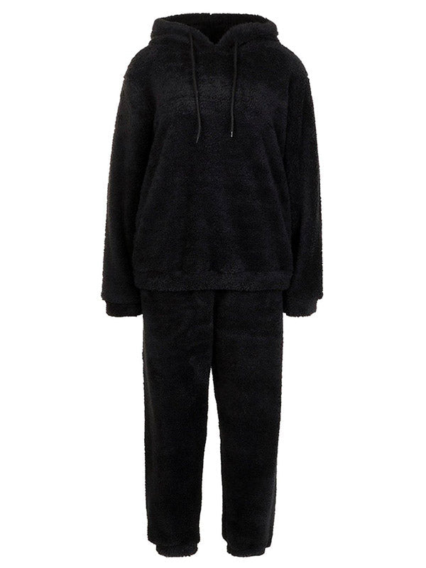 Soild Plush Pocket Hooded With Pants Lounge Set