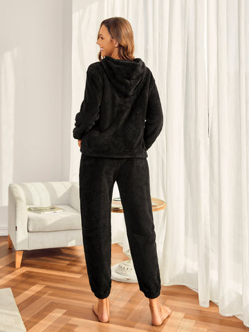 Soild Plush Pocket Hooded With Pants Lounge Set