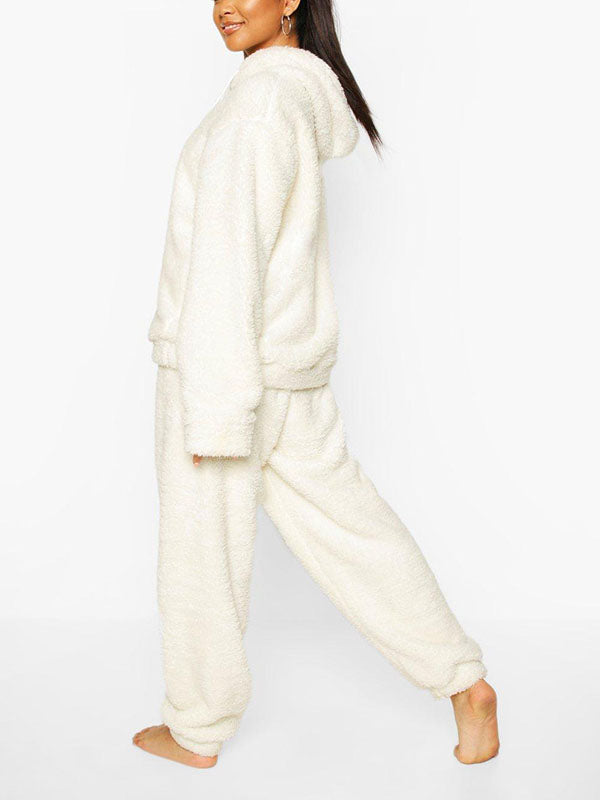 Soild Plush Pocket Hooded With Pants Lounge Set