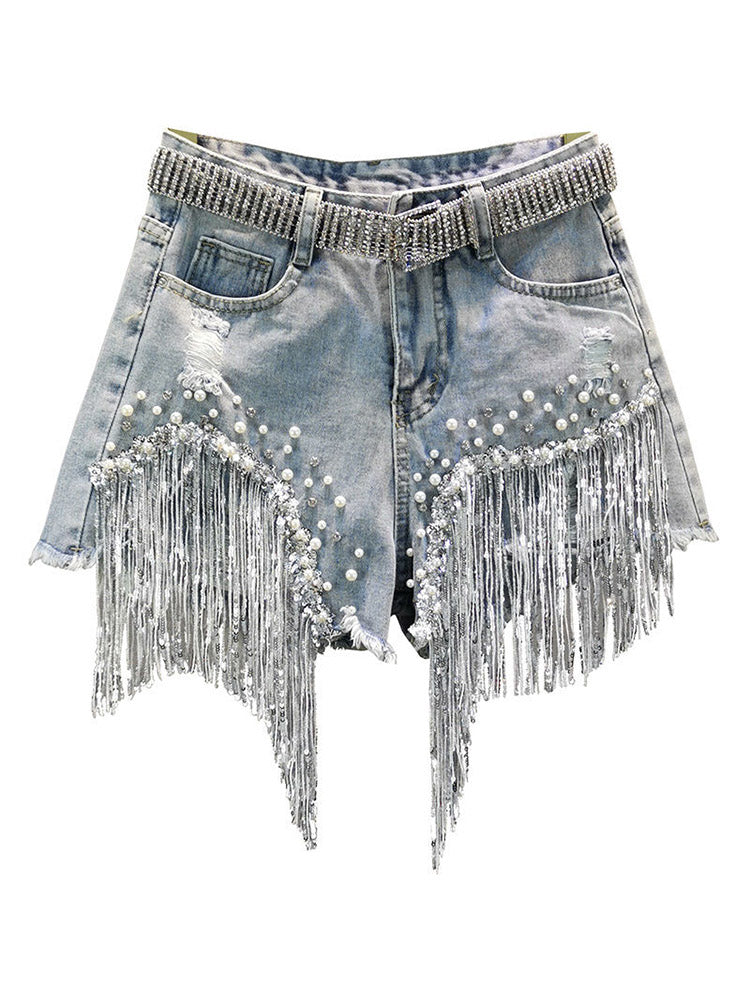 Sequin Tassel Pearl Denim Shorts