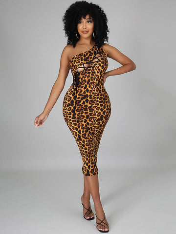 Print Cutout One Shoulder Bodycon Dress