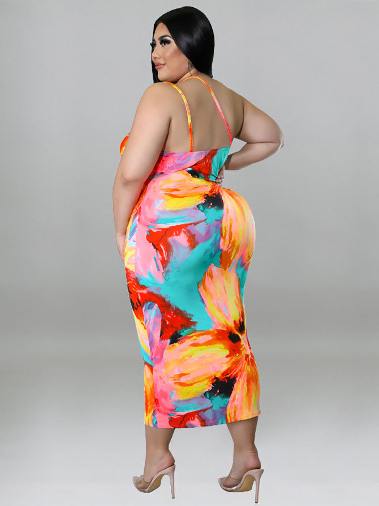 One Shoulder Print Midi Dress