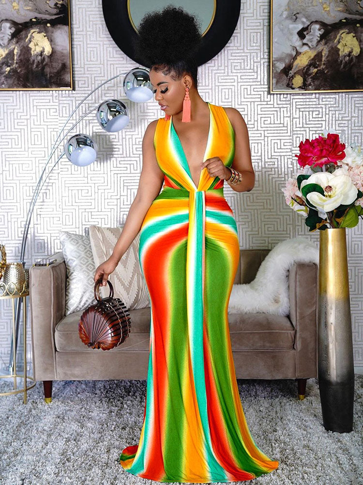 Multicolor V Neck Bodycon Maxi Dress