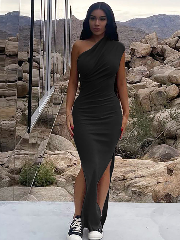 Trendy One Shoulder High Split Long Sleeve Prom Gown SREAL198 main image 1