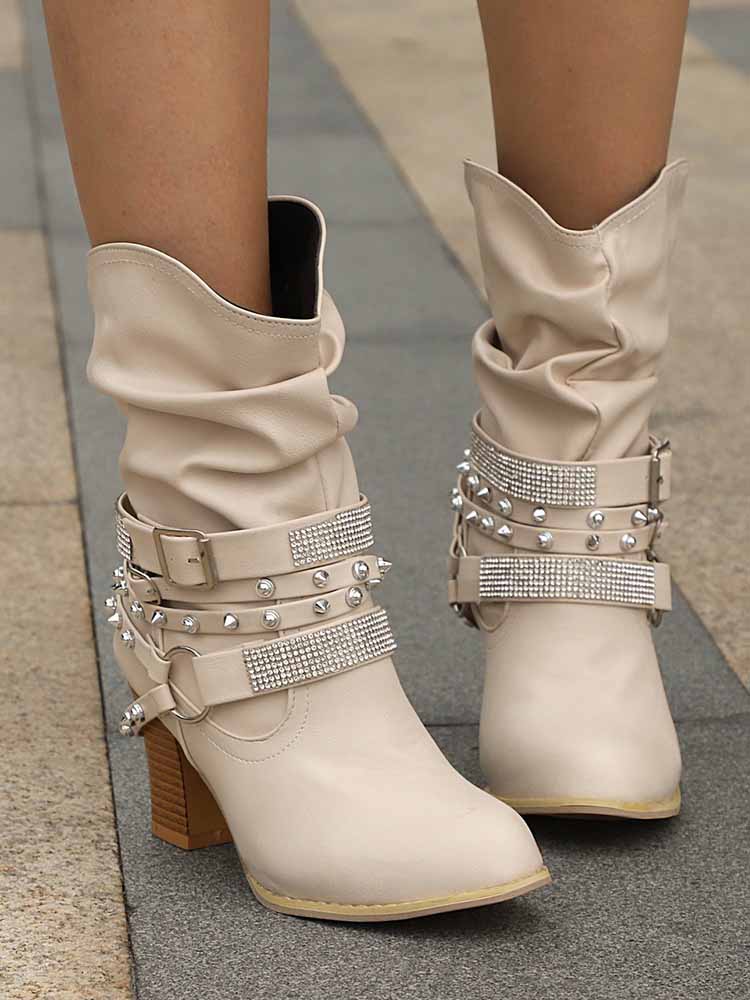 Rhinestone Buckle Ankle Boots