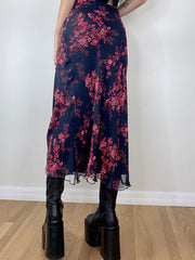 Mesh Paneled Floral Midi Skirt