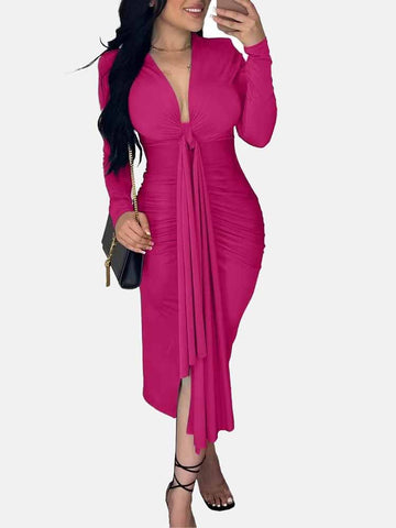 V Neck Tie Front Ruched Dress