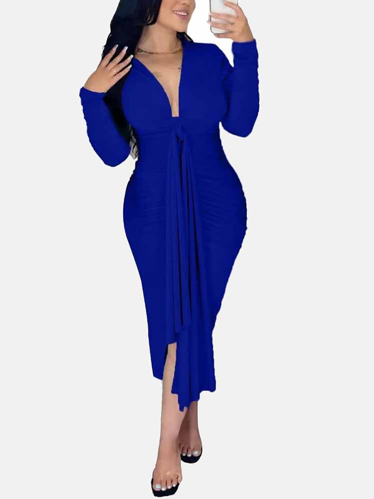 V Neck Tie Front Ruched Dress