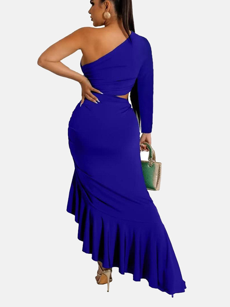 One Shoulder Cutout Ruffle Hem Dress