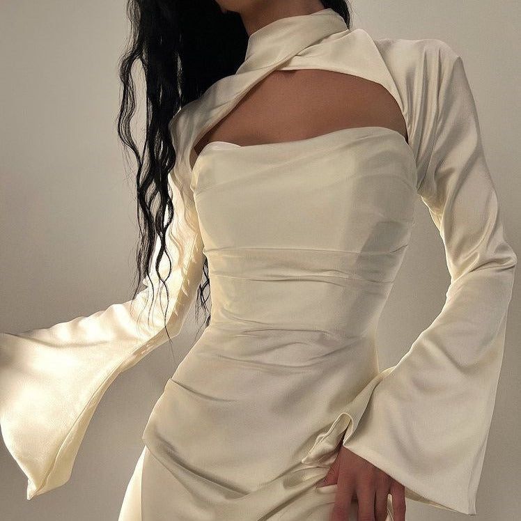 Swan Backless Halter Draped Satin Mini Dress