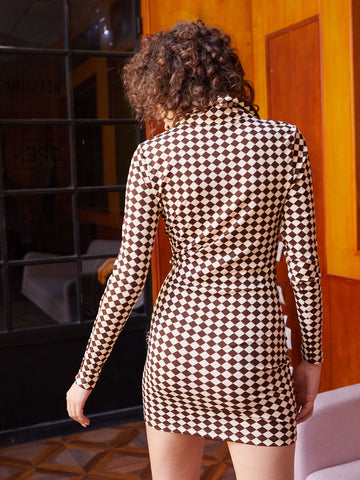 EMMIOL Polo Neck Checkered Long Sleeve Midi Dress