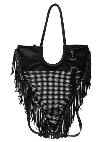 Rhinestone Decor Fringe Trim Shoulder Bag