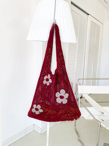 Flower Print Crochet Shoulder Tote