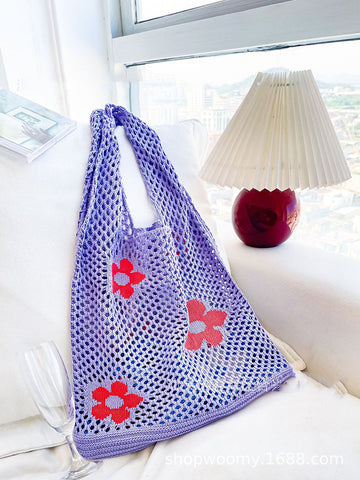 Flower Print Crochet Shoulder Tote