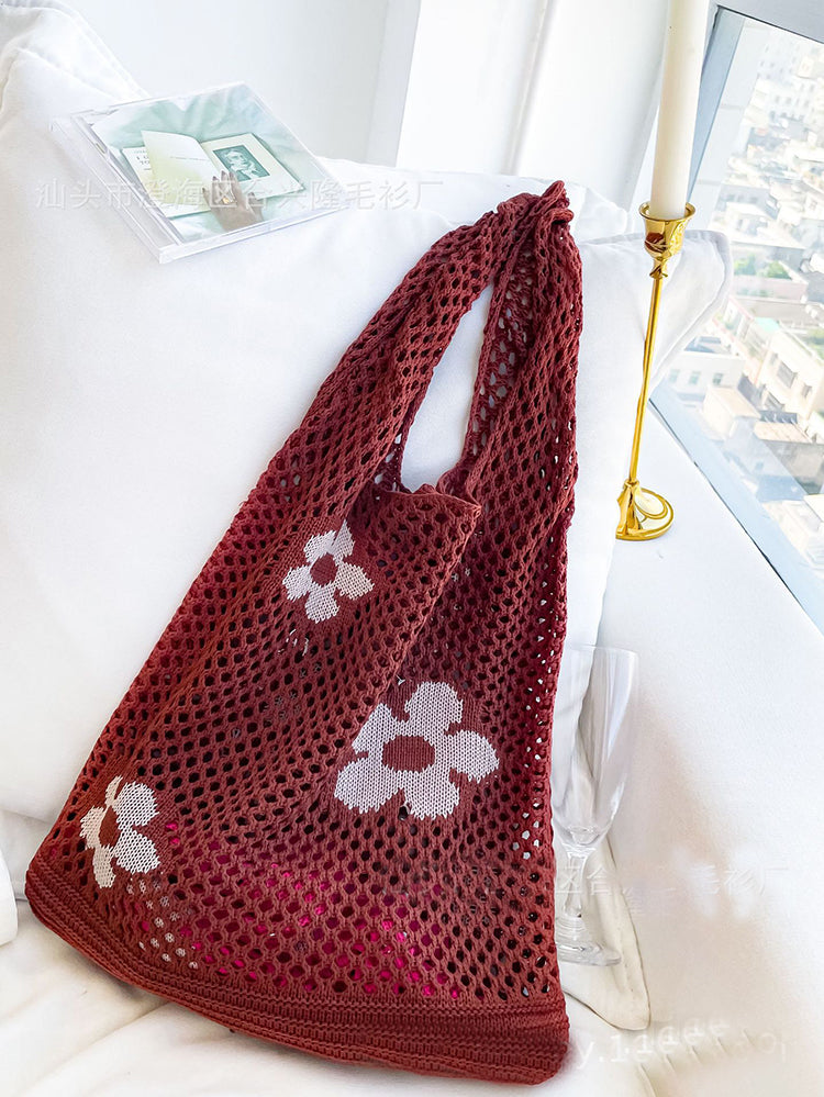 Flower Print Crochet Shoulder Tote