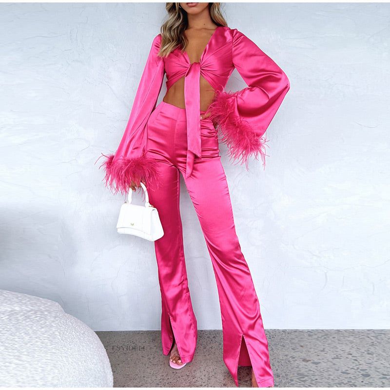 Rose Lotus Feather Sleeve Satin Two-Piece Set