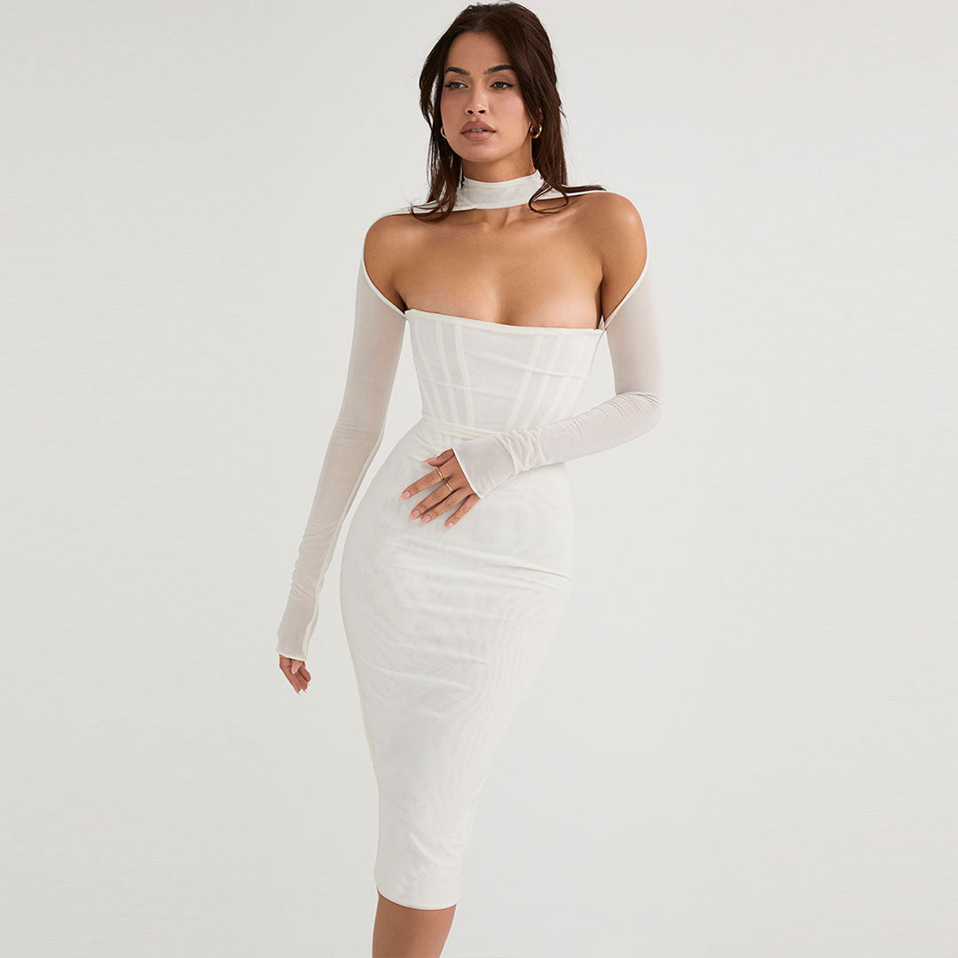 Cut Out Long Sleeve Mesh Bodycon Cocktail Midi Dress - White