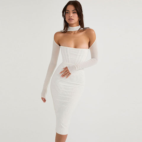 Vestido midi de cóctel ajustado de malla con mangas largas y aberturas - Blanco